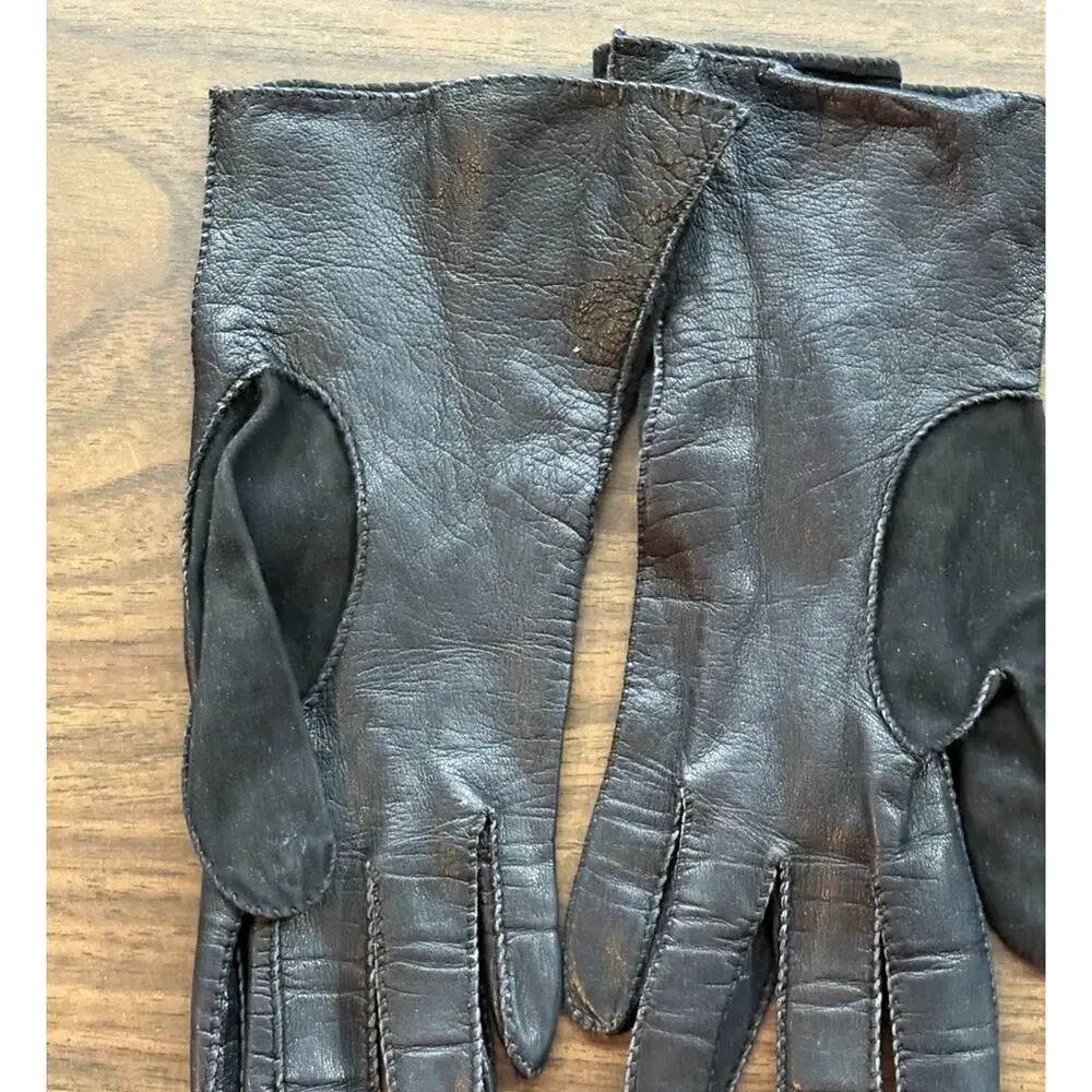 Vtg Black Leather Top Stitch Gloves Women Kid Skin France 9
